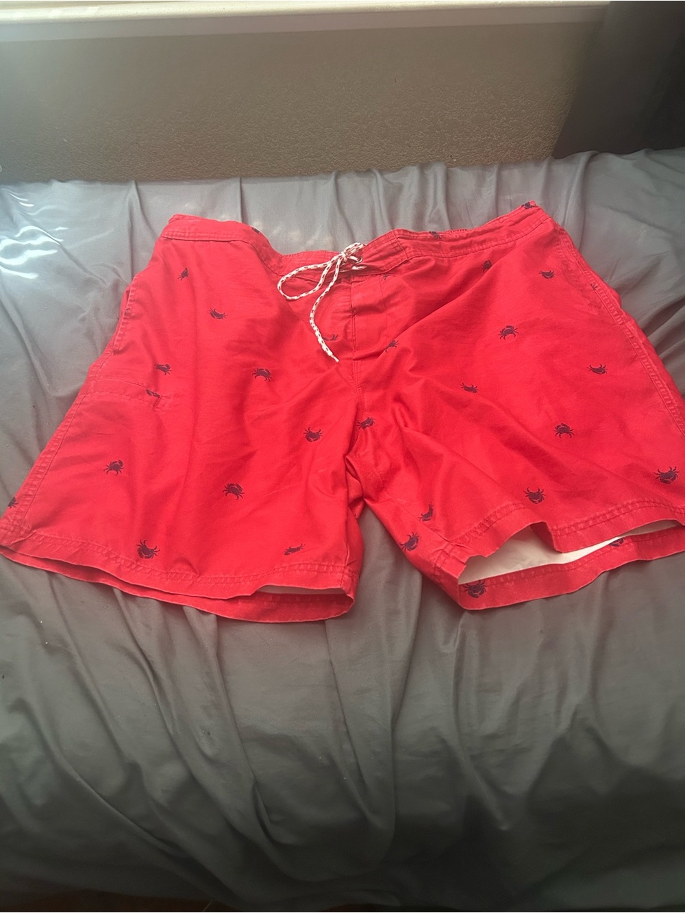 The Foundry Supply Co. Red Swim Trunks with Navy Crab Motif